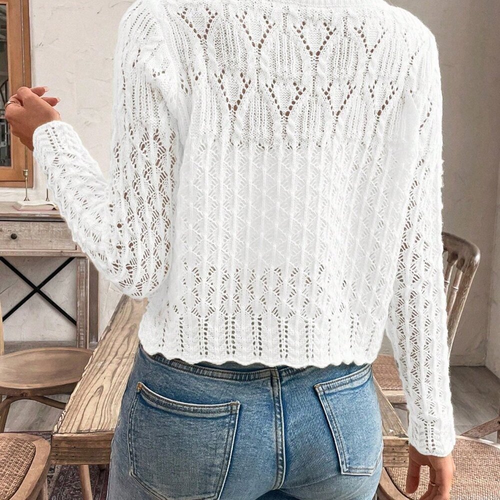 White Casual Women's Crew Neck Hollow Front Button Cardigan Knit Sweater - Picture 2 of 7